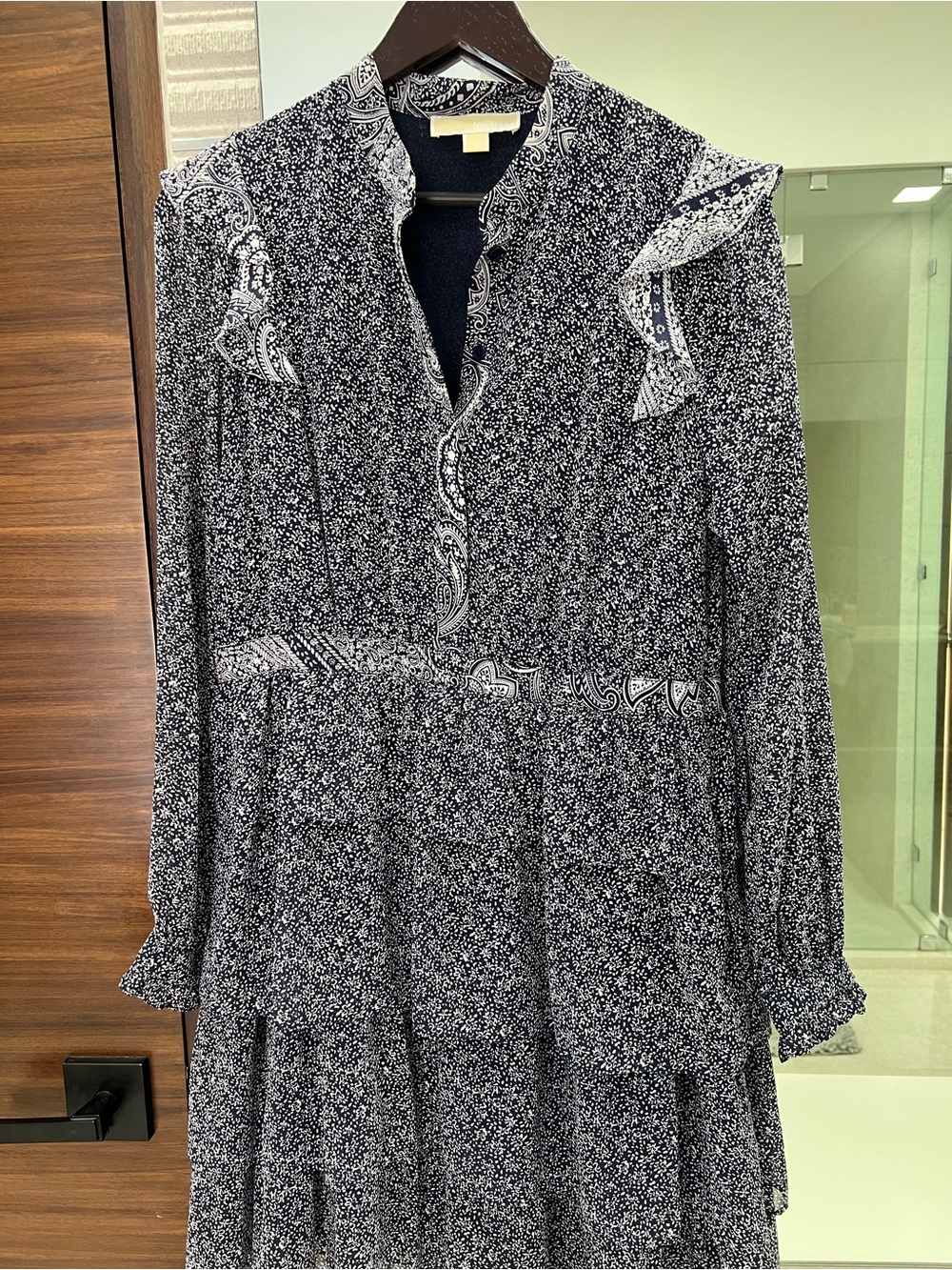 Michael Kors Navy and White Paisley Printed Long Sleeve Tiered Dress